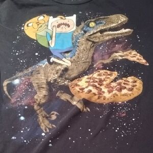 Men's Black Cartoon Network Adventure Time Dinosaurs Pizza Space Shirt Finn Jake
